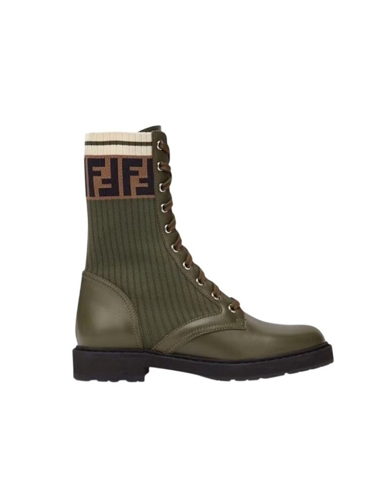 Fendi Rockoko Combat Green Leather Knit Boots Womens Eu 37/Us 7 Made In Italy